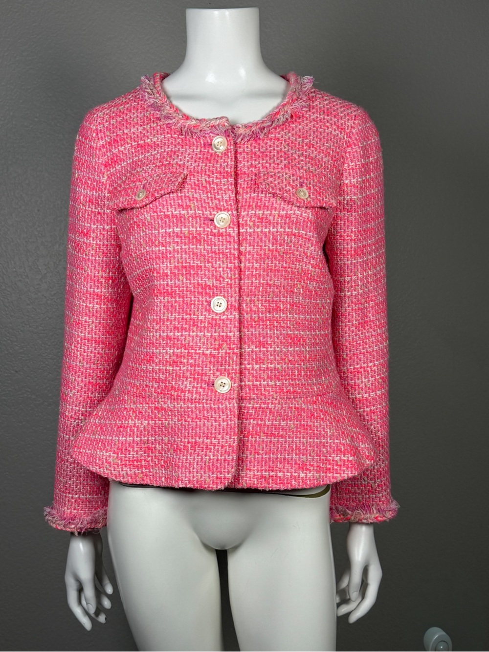 J.Crew Pink Tweed Lady Jacket Peplum Fringe Braided Trim Blazer Size 8